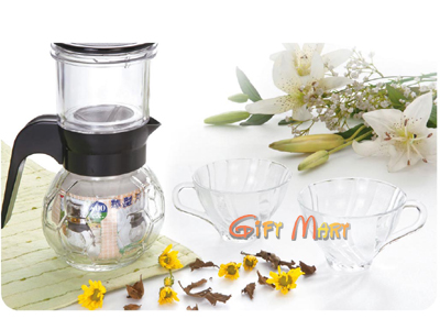 600CC球型沖泡茶壼+2入玻璃杯禮盒組