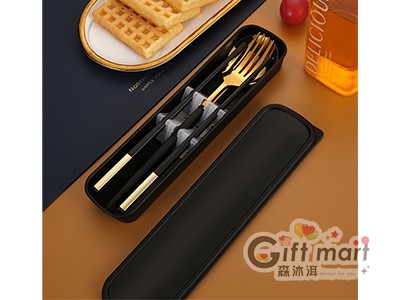 304不鏽鋼餐具三件組(筷子+湯匙+叉子)(黑金)